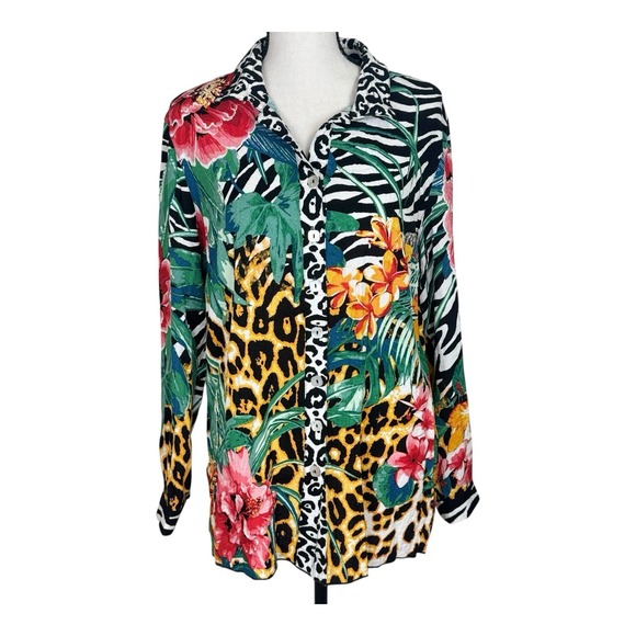 John Mark Button Down Shirt Floral Zebra Leopard Bold Colorful Print Top Small - Picture 2 of 12